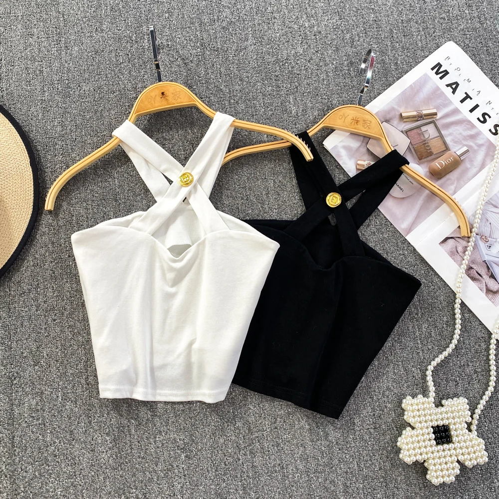 

Women's Hot Sweet Irregularity Tank Top Cross Knit Vest Sleeveless Off Shoulder Button Crop Tops Korean Fashion Halter Corset