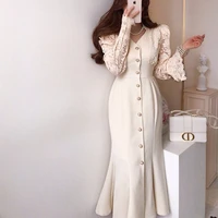 2022 spring and summer new high end temperament v neck long sleeve slim fit stitching lace split hip wrap professional dress