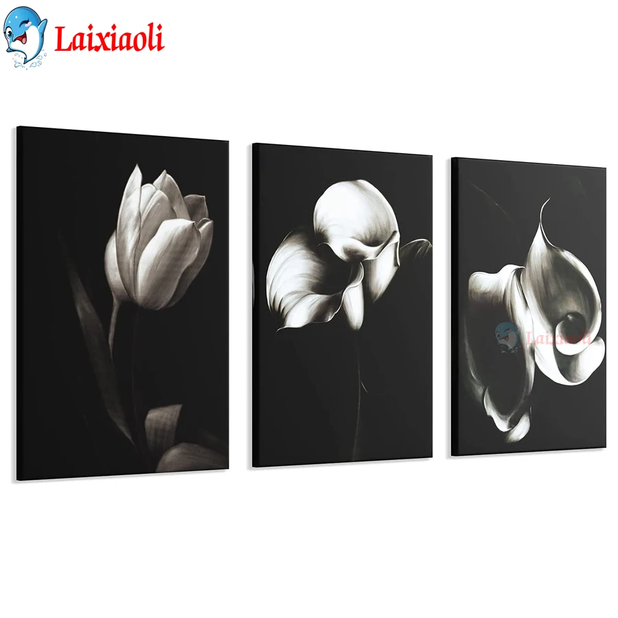 

Набор для алмазной вышивки «тюльпаны», картина с изображением белых цветов, черно-белых абстрактных растений, лилии, вышивка крестиком, 3 предмета