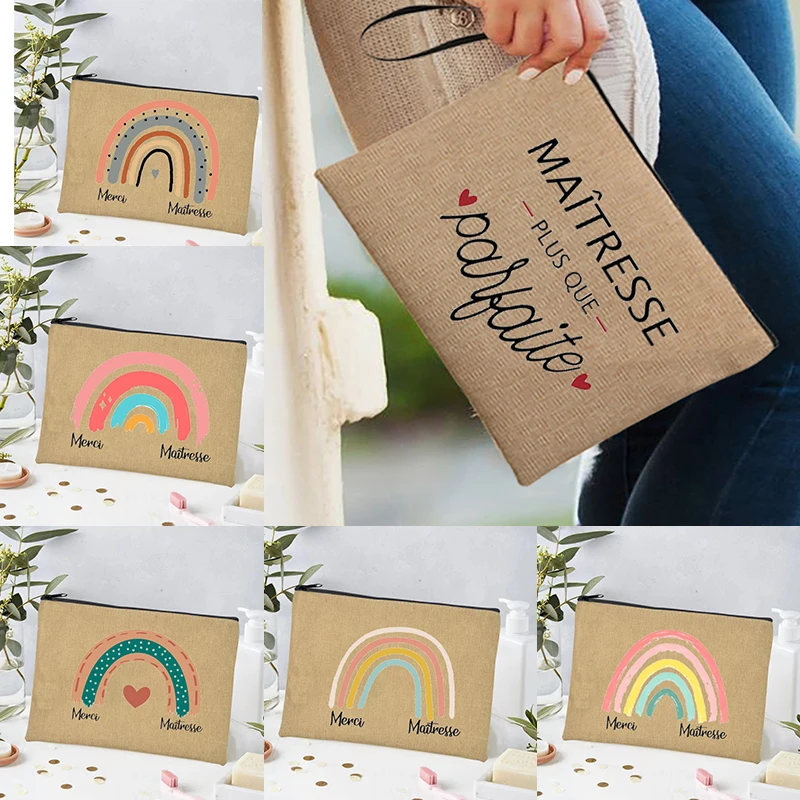 

Thank You Teacher French Print Large Pencil Bag rainbow School Stationery Supplies Storage Case Travel Wash Bags Teacher Gifts