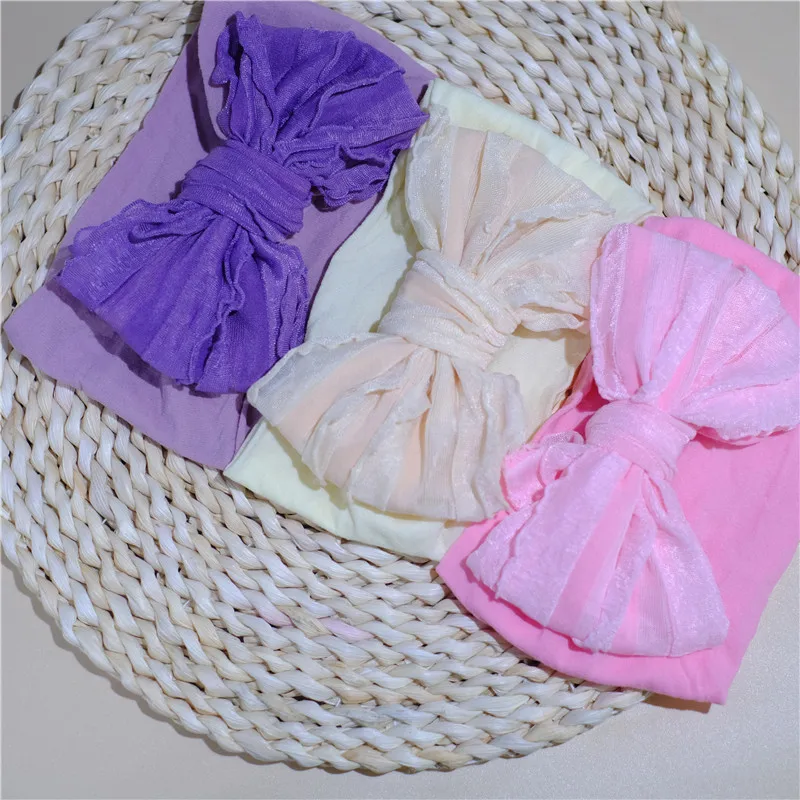 

Large Bowknot with Nylon Turban Headband Baby Girls Hair Accessories Newborn Messy Bow Headwrap Elastic Hairband Bebes Lace Bow
