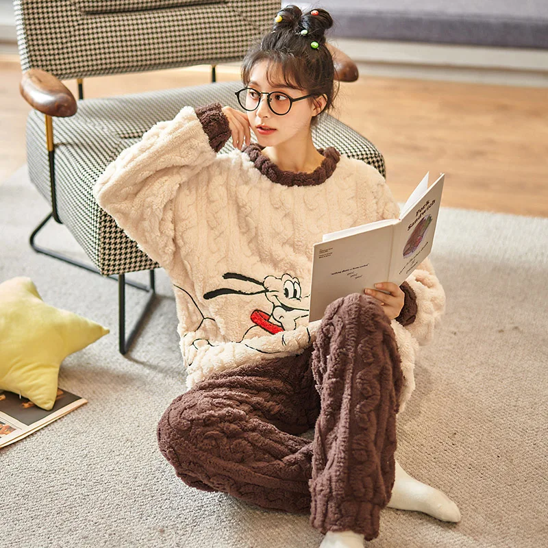 Women Sleepwear Coral Fleece Winter Pajamas Loose Version Inspissate Flannel Pullover Plus Size Cartoon Plush Pajama Set