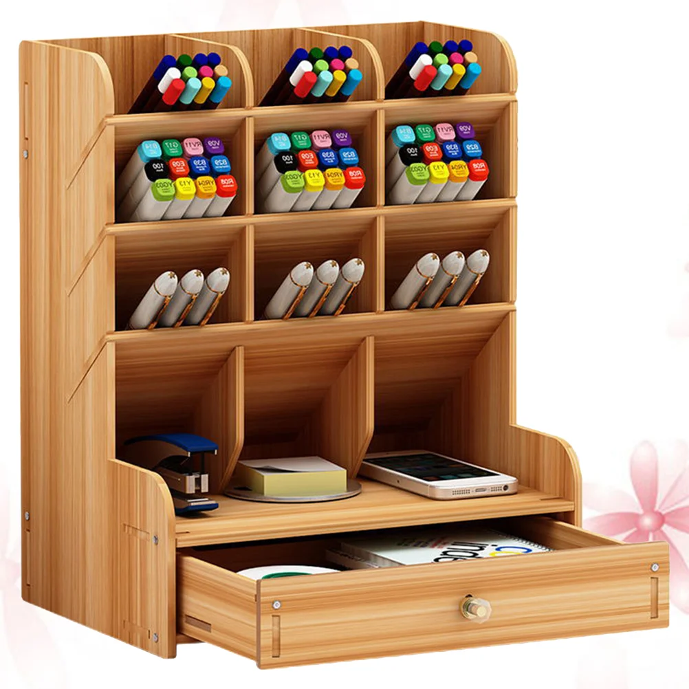 

Desktop Storage Shelf Wooden Pen Holder File Folder Organizer Multi-Divided Office