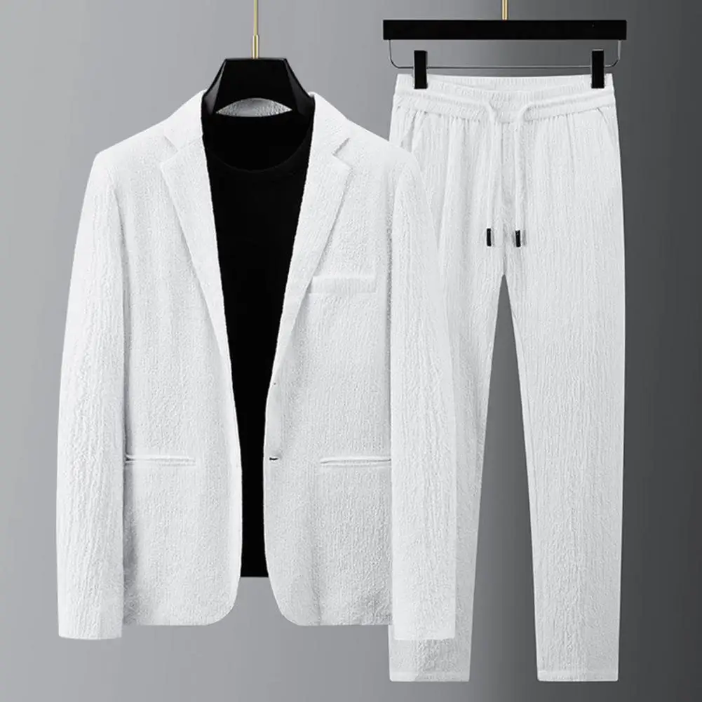 

1 Set Casual Outfit Stripe Spring Summer Pockets Solid Color Blazer Drawstring Pants Men Suit for Business