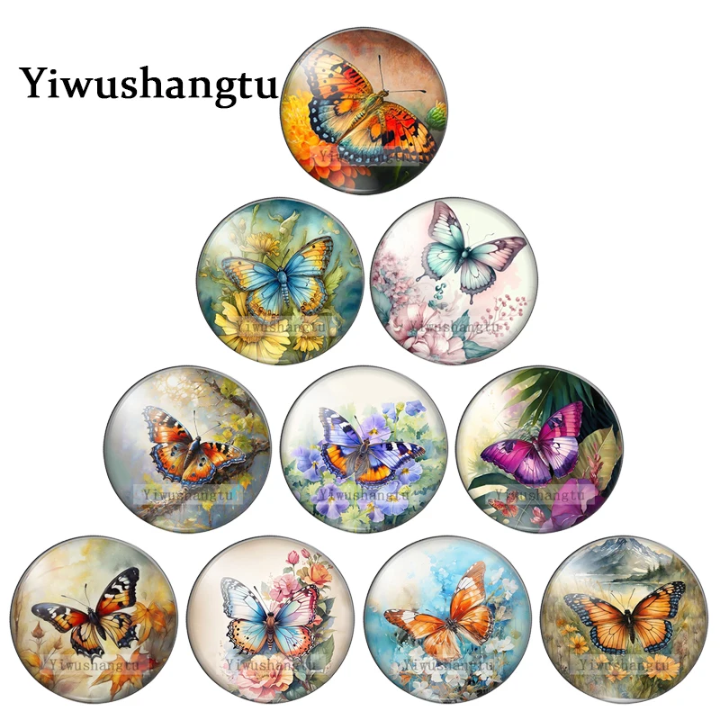 Акварельная бабочка с цветочным узором 8 мм/12 мм/20 мм/25 мм круглые стеклянные