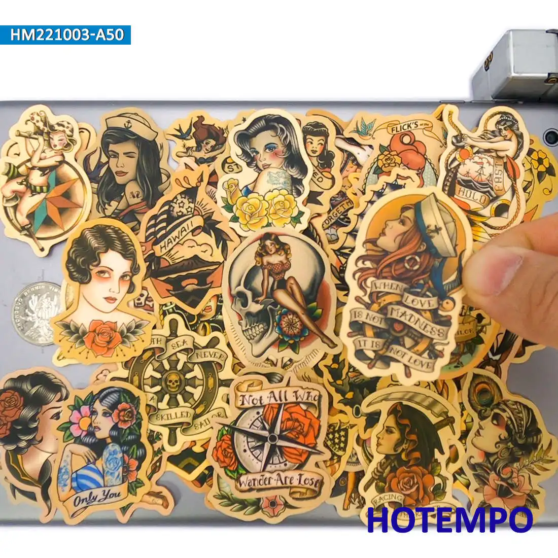 

50pcs Yellowing Retro Old School Tattoo Girls Sailor Graffiti Funny Phone Laptop Car Stickers for Bike Guitar Skateboard Sticker