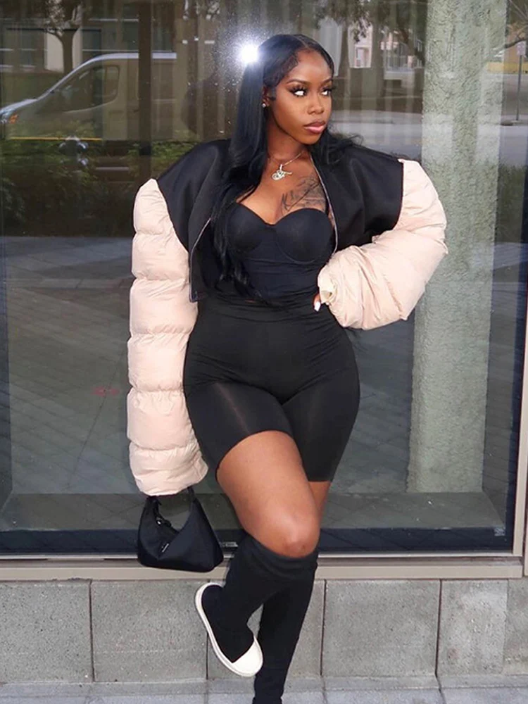 Women Patchwork Cropped Parkas Long Sleeve Zipper Female Cotton Puffer Padded Jackets Streetwear Outwear Coat 2022 Winter