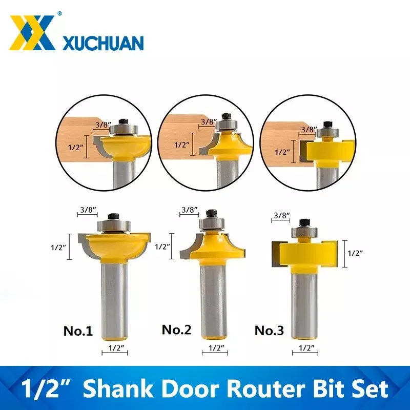 

3pcs Glass Door Plank Router Bit Set 1/2 Shank Tenon Cutter With Bearing Guides 2 Flutes End Mill For Frame Door
