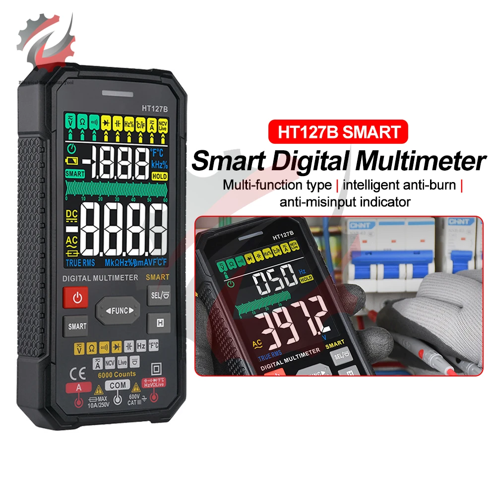 

HT127B 6000 Counts Digital Multimeter True RMS Auto Range AC DC NCV Color LCD Smart Multimetro Tester Ohm Hz Live Wire Tester