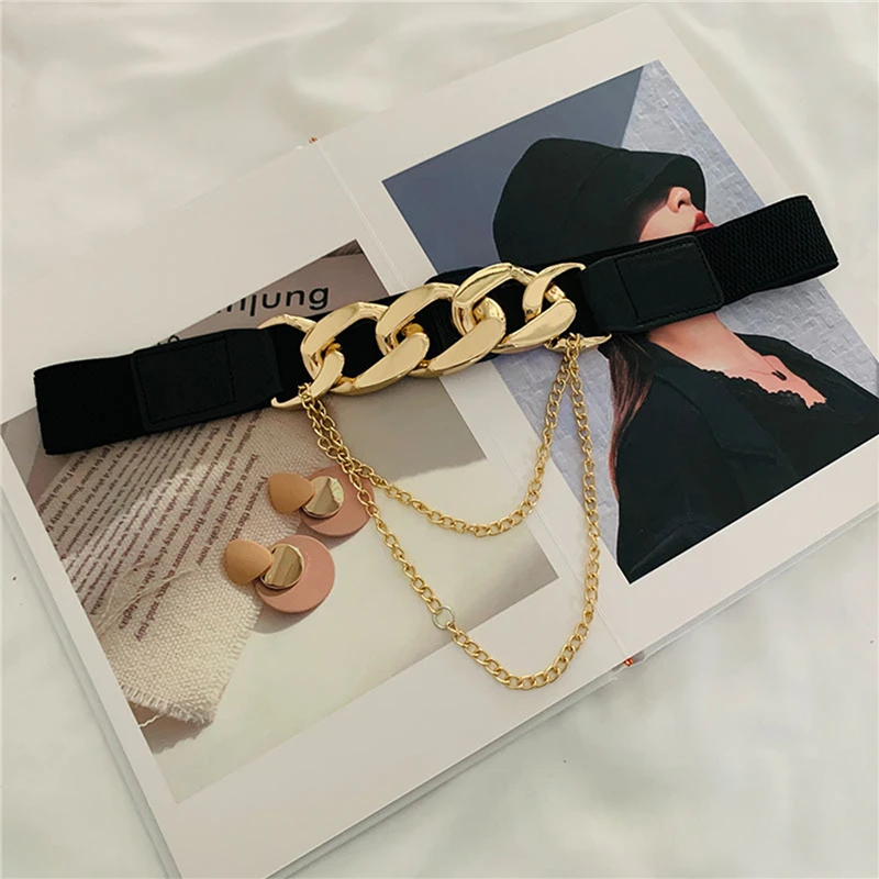 

Gold Chain Belt Elastic Silver Metal Waist Belts For Women High Quality Stretch Ladies Coat Ketting Riem Waistband Luxury Brand