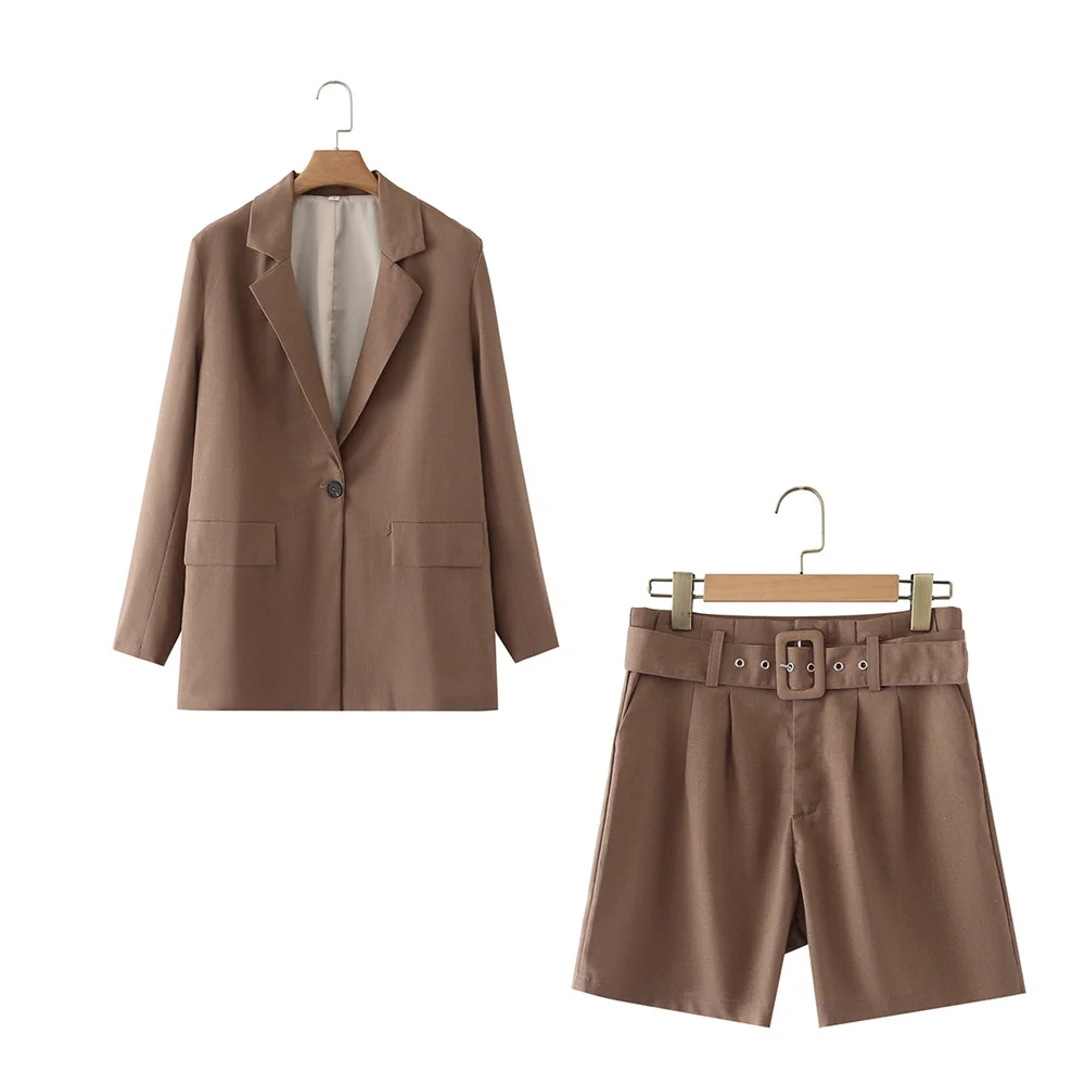 

2022 women's spring new fashion all-match coffee color cotton and linen suit jacket lapel long sleeves one button chic blouse
