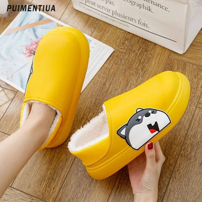 

Зимняя обувь для мужчин и женщин, водонепроницаемые плюшевые тапочки из ЭВА с мультяшными собаками, Нескользящие сандалии, обувь для пары, для улицы и помещений
