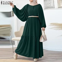 zanzea elegant long puff sleeve muslim shirt dress women casual belted jilbab sundress oversized hijab caftan islamic clothing