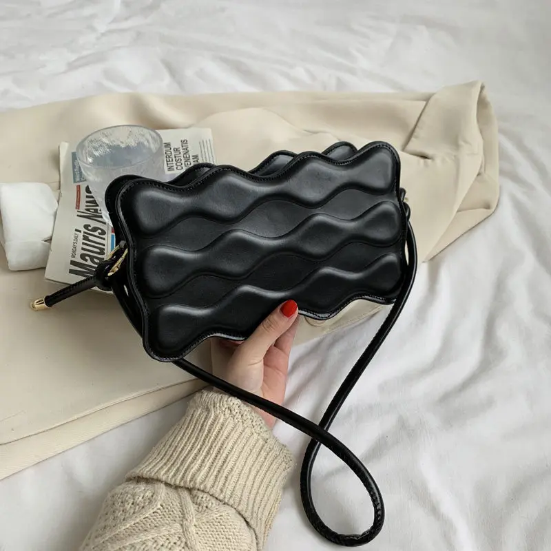 

Luxury New Wave Surface Pearl Style Handle Women Handbag Black White Leather Elegant Messenger Shoulder Bags Female Ladies Bolsa