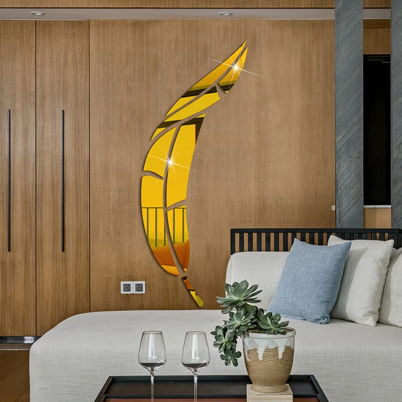 

3D акриловые зеркальные настенные наклейки для ванной комнаты, самодельные обои в форме пера, Наклейки для декора