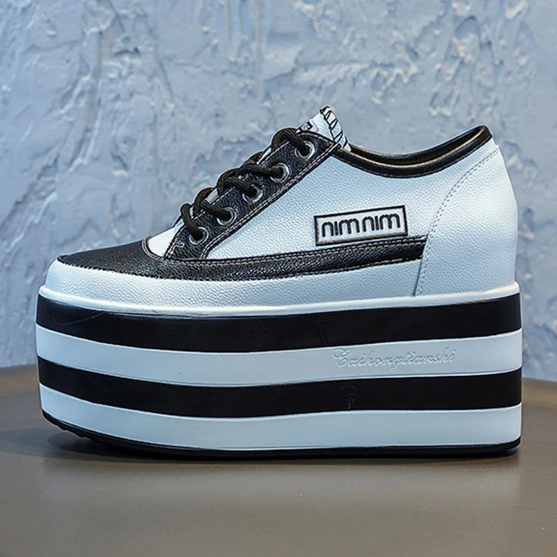 New Women Shoes 12cm Genuine Leather Platform Wedge Sneakers Chunky Hidden Heel High Women Casual Shoes Spring Summer Loafers