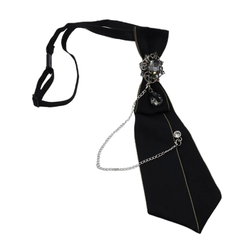 

Steampunk Black Necktie Gothic for rhinestone Metal Chain Crystal Pendant Jewelry Bowtie Evening Adjustable Pre-Tied Bow