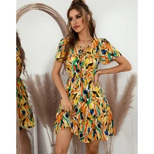 Robe courte Sexy à imprimé Floral pour femmes, manches papillon, décontractée, à volants, fête, plage, Mini, été  (3)