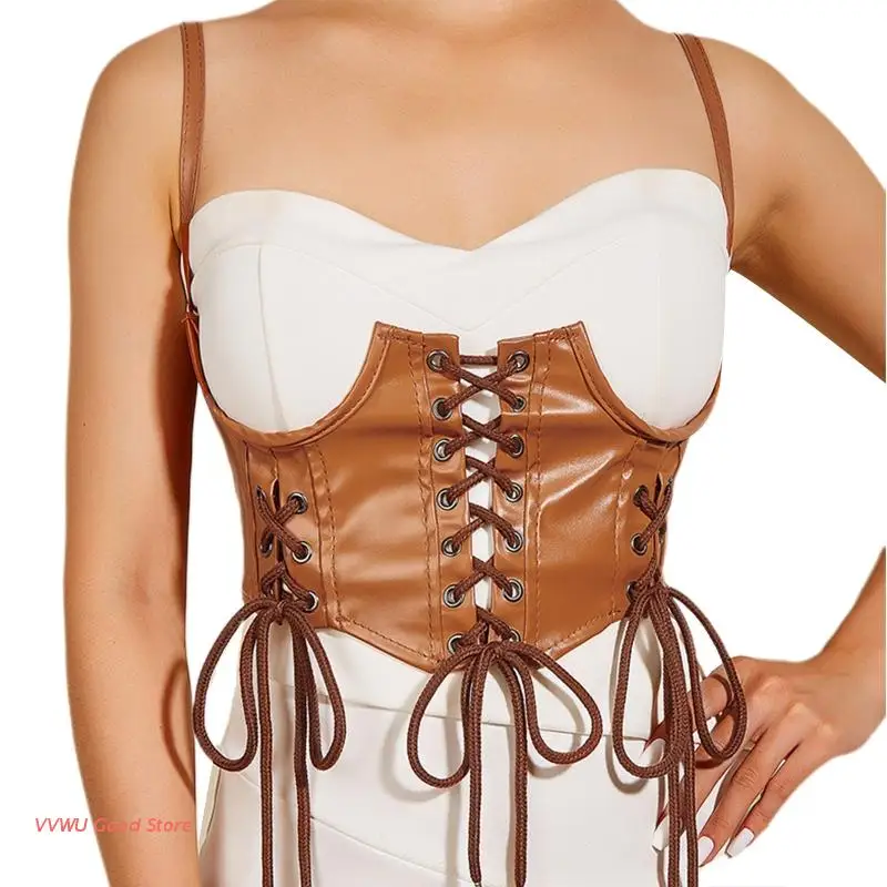 

Sexy Women Top Corset with Adjustable Belt Woman Solid Color Lift Up Masquerade Party Crop Top Camel Color Slim Wrap Top