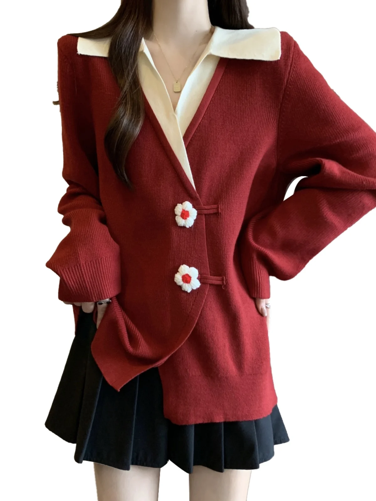 Plus size Angora Red Fake Two Pieces Lapel Shoulder Sweater Outerwear Chubby Girl Three-Dimensional Flower Irregular Knit...
