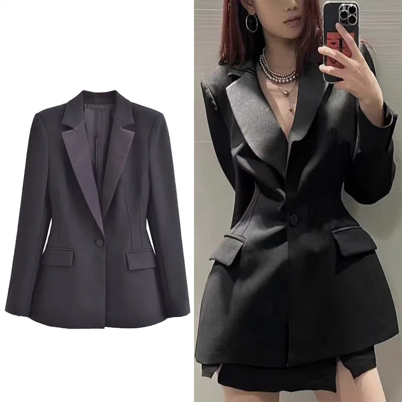 

TRAF Women 2-Piece Satin Blazer Suits Lapel Long Sleeves Slim Jacket Woman Office Tuxedos Jacket+High Waist Blazer Trousers Sets