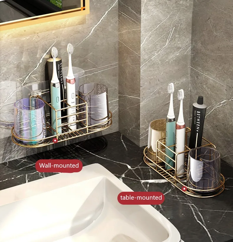 

Punch-free toothbrush rack mouthwash cup brushing cup wall-mounted bathroom wall-mounted storage tooth tank set