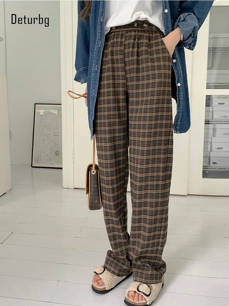 

Women's Vintage Plaid Elastic High Waist Casual Tartan Pants with Pockets Buttons Baggy Straight Long/Maxi Trousers Pants PA176
