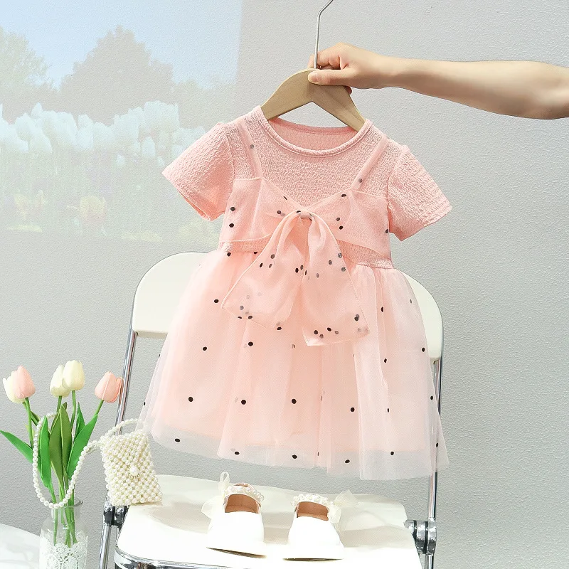 

Одежда для маленьких девочек, летние модные платья с коротким рукавом и бантом для принцессы на 1 год и день рождения, одежда для маленьких девочек, платье для малышей