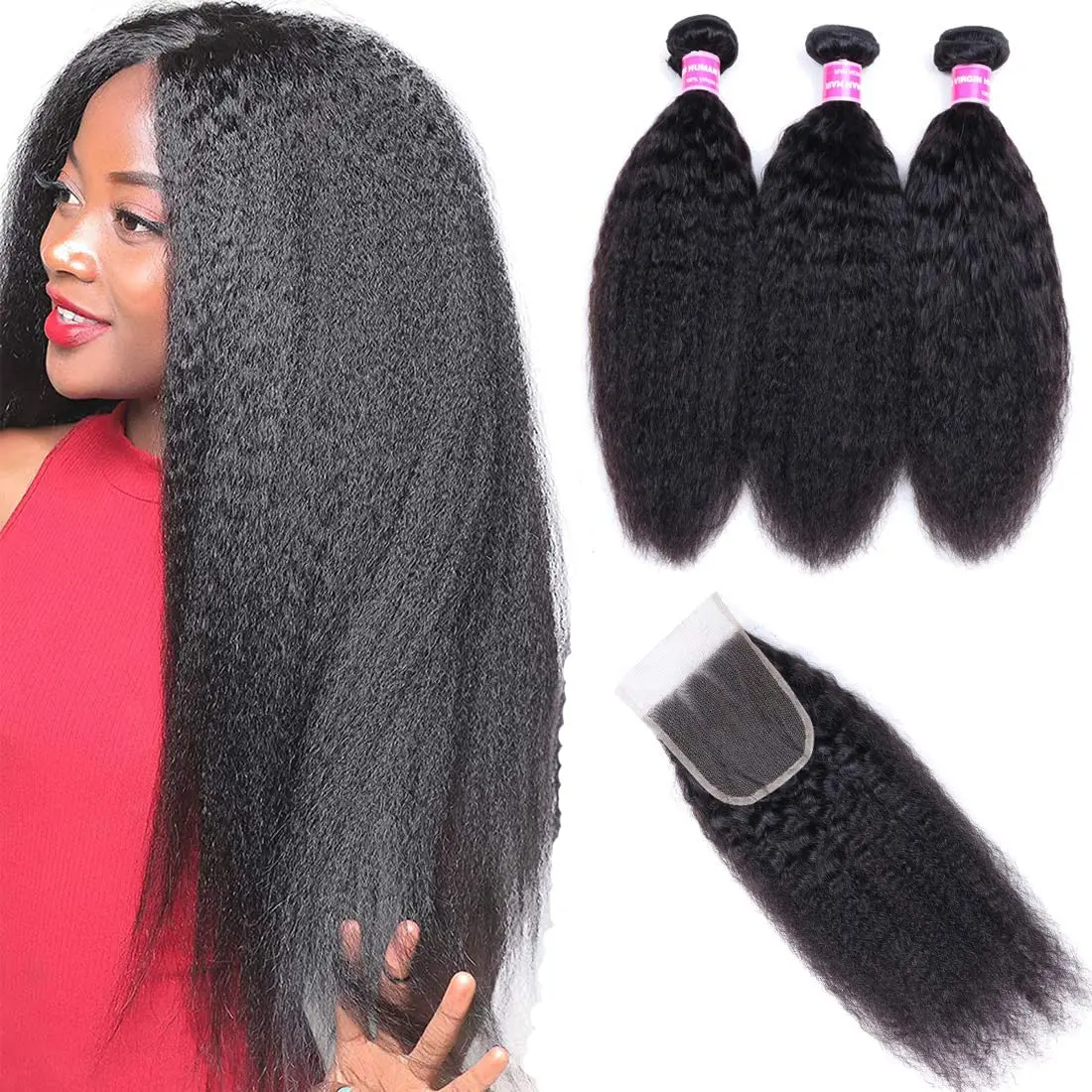 

Kinky Straight Bundles With Closure Human Hair Weaves And Lace Closure 4x4 Natural Peruvian Yaki Hair Extensions For Black Women