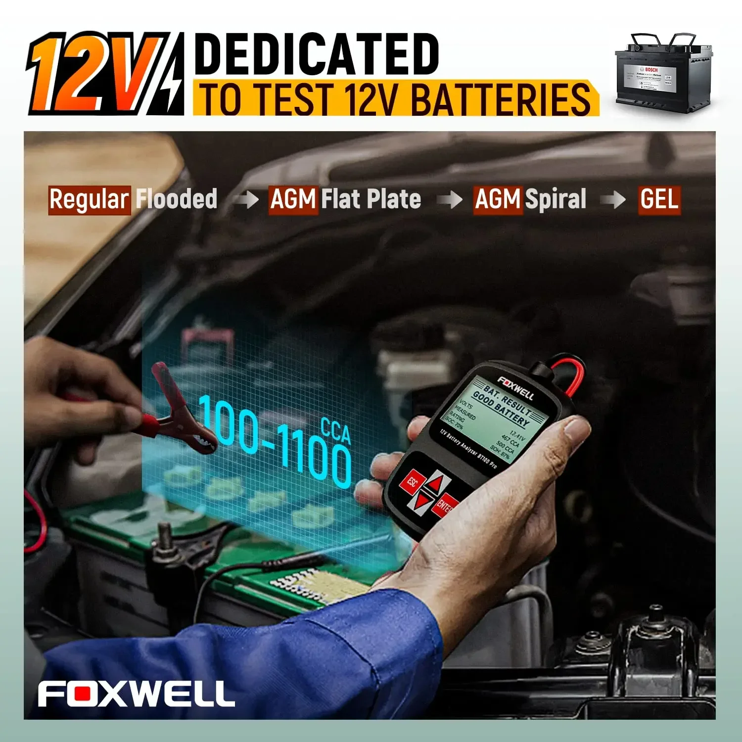 FOXWELL BT100 Pro 12 В тестер автомобильного аккумулятора для Flooded AGM GEL 100 до 1100CCA 200AH