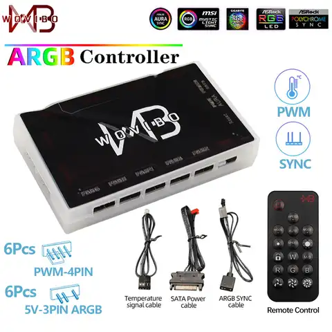Wovibo ARGB контроллер, компьютерный чехол, вентиляторы, концентратор с 1 на 6 адаптерами, 5 В, 3 контакта, SATA, шасси питания, светодиодный процессор,...
