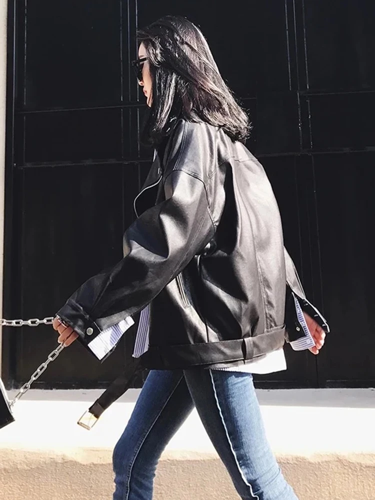 Sungtin Women Loose Pu Leather Jacket Black Soft Faux Leather Jacket Street Moto Biker Leather Coat Jacket Lady Casual Outerwear