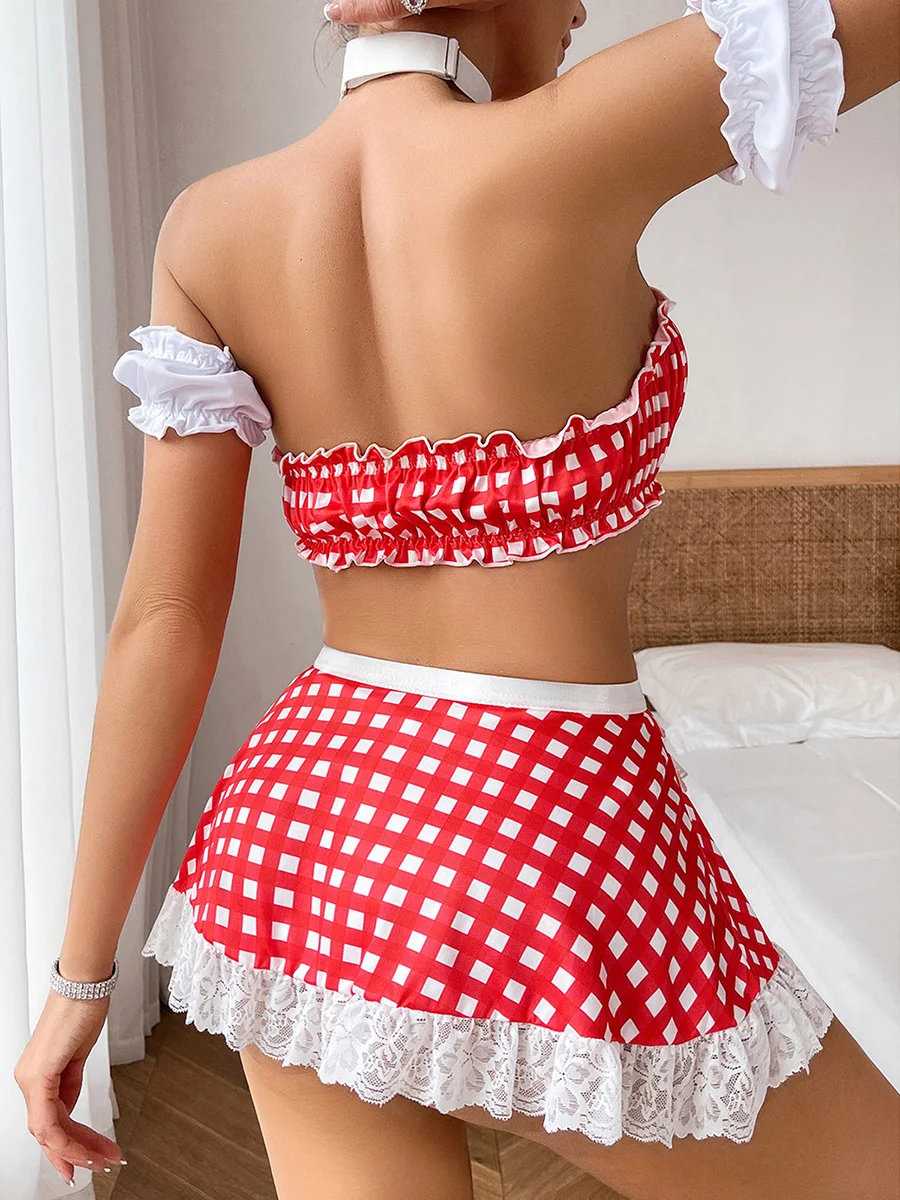Женское нижнее белье для школьниц клетчатые топы-трубы юбка-стринги