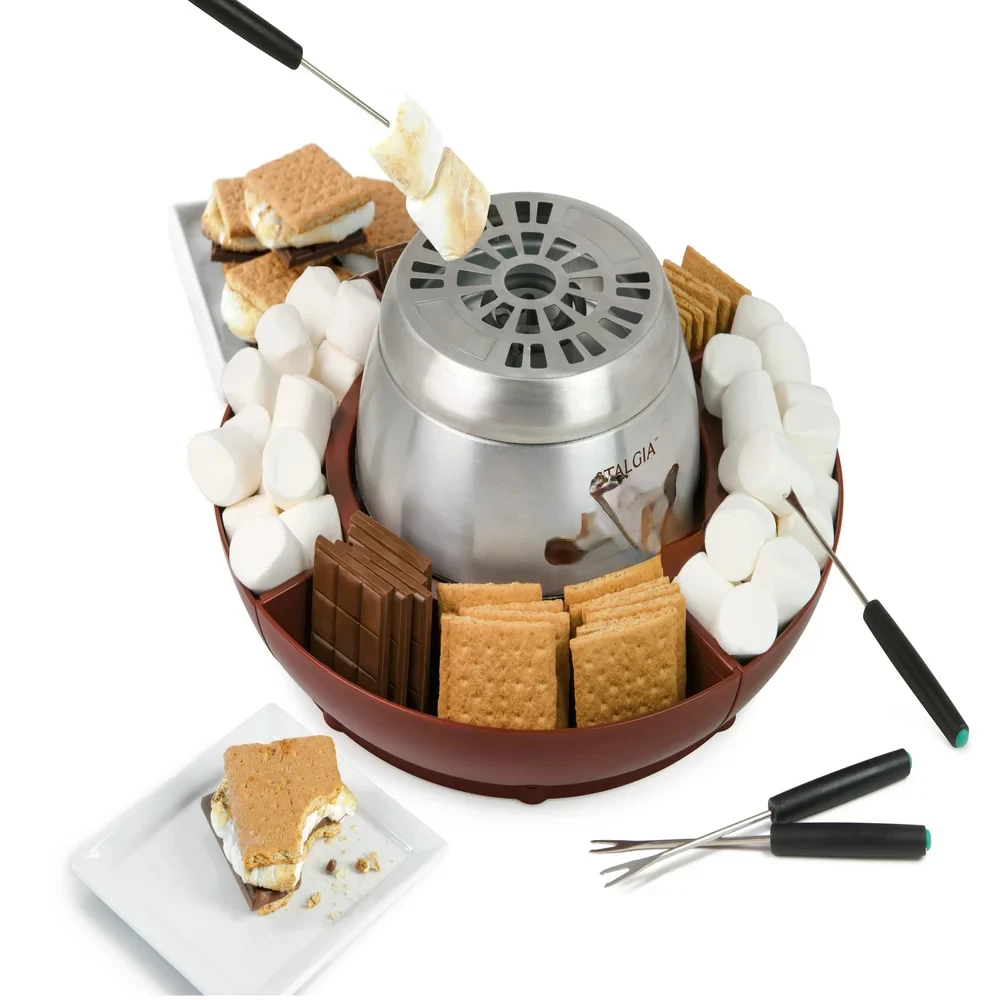 

Indoor Stainless Steel S'mores Maker with 4 Lazy Susan Compartment Trays for GRAHAM Crackers, Chocolate, Marshmallows and 4 Roa