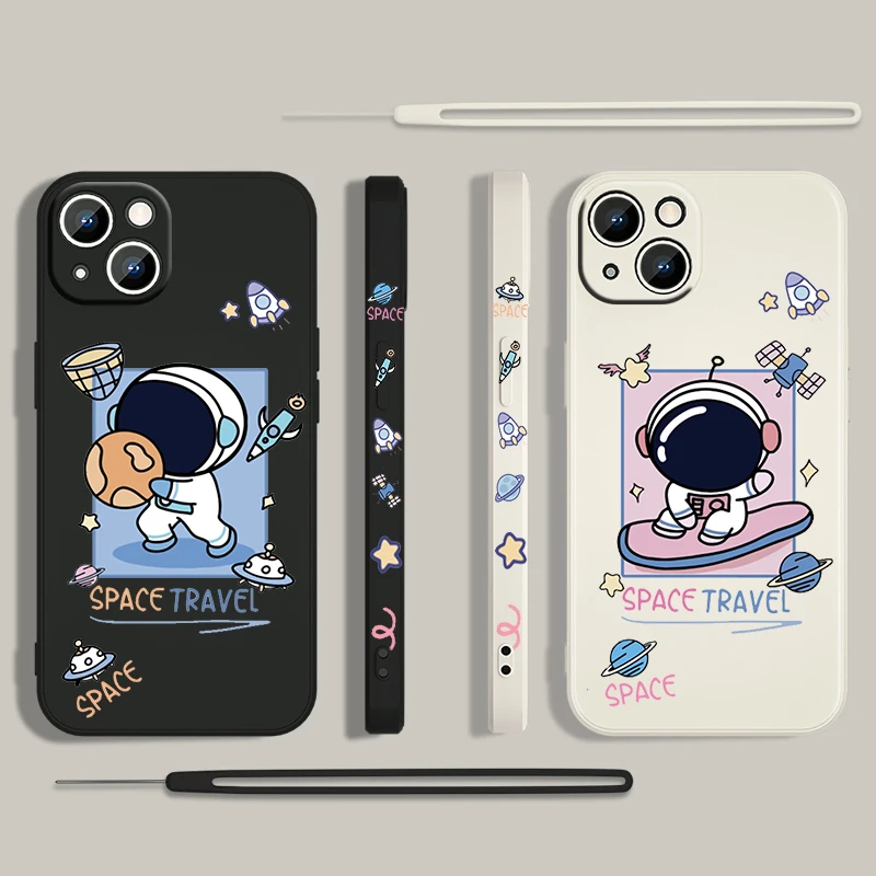 

Astronaut Cartoon Space For Apple iPhone 14 13 12 Mini 11 Pro XS MAX XR X 8 7 6S SE Plus Liquid Left Rope Phone Case Coque Capa