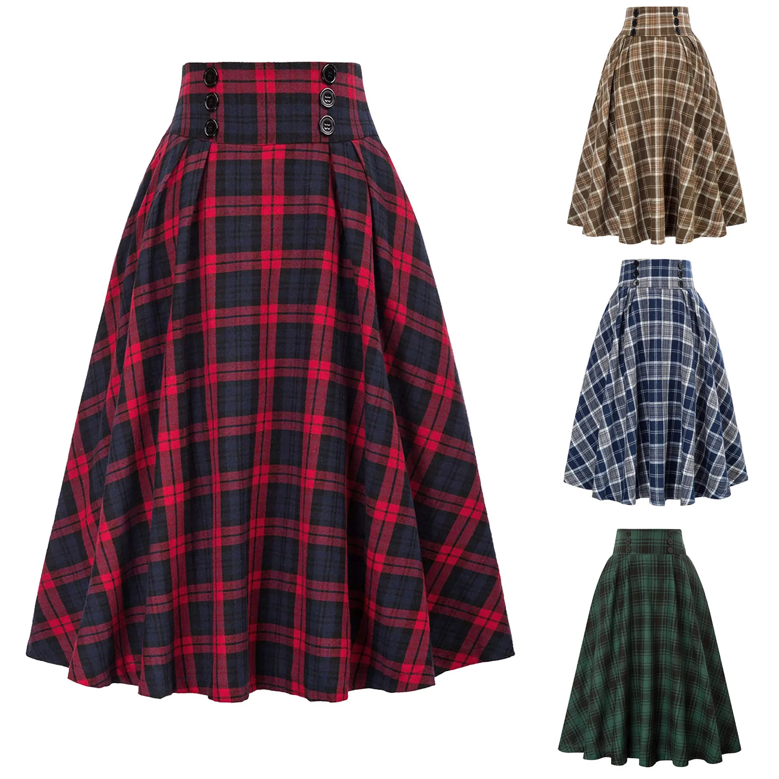 Autumn and winter new Korean version of the woolen large swing skirt plaid skirt woolen large swing skirt