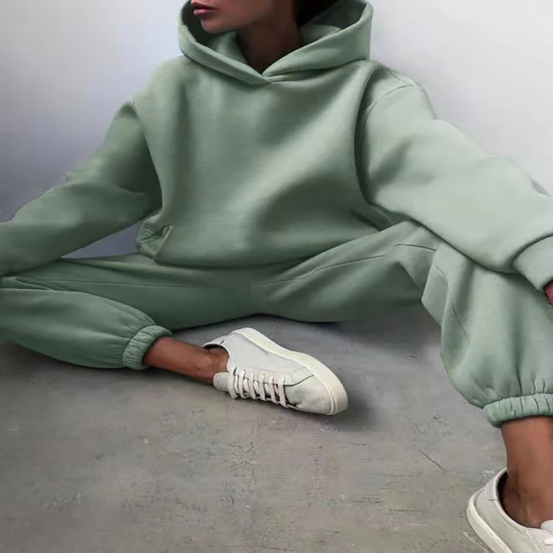 

Elegant Solid Sets For Women Warm Hoodie Sweatshirts And Long Pant Fashion Two Piece Sets Ladies Loose Sets Retro 2022 New Warm