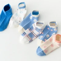 5 pairs women socks comfortable female harajuku ankle socks macaroon color cartoon rabbit flower plaid casual cotton short socks