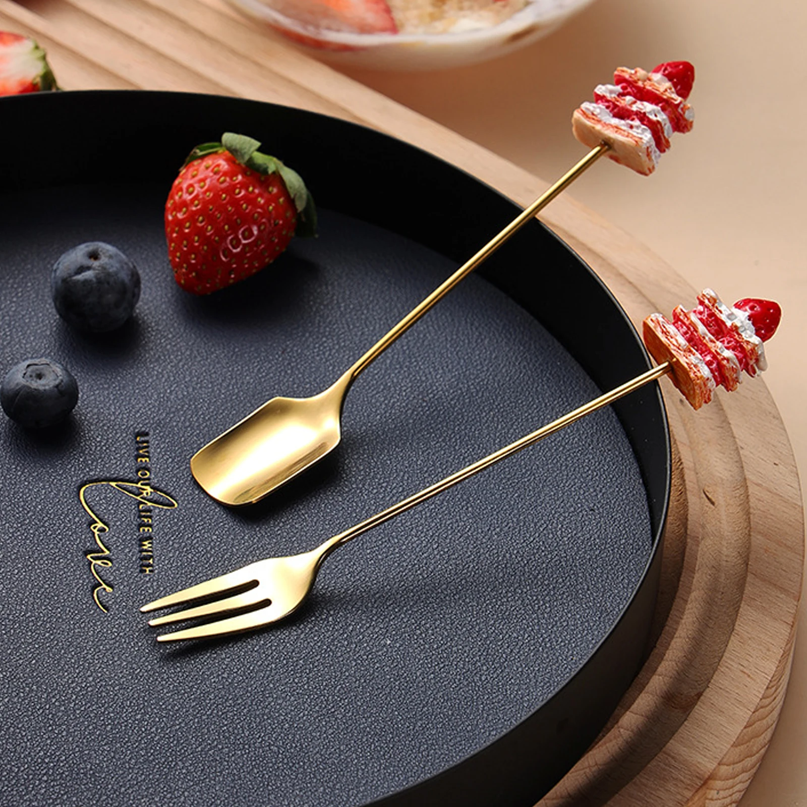 

8 шт. Милая мультяшная фруктовая ложка вилочный комплект посуды креативный Золотой набор из нержавеющей стали для домашнего ужина и вечерин...