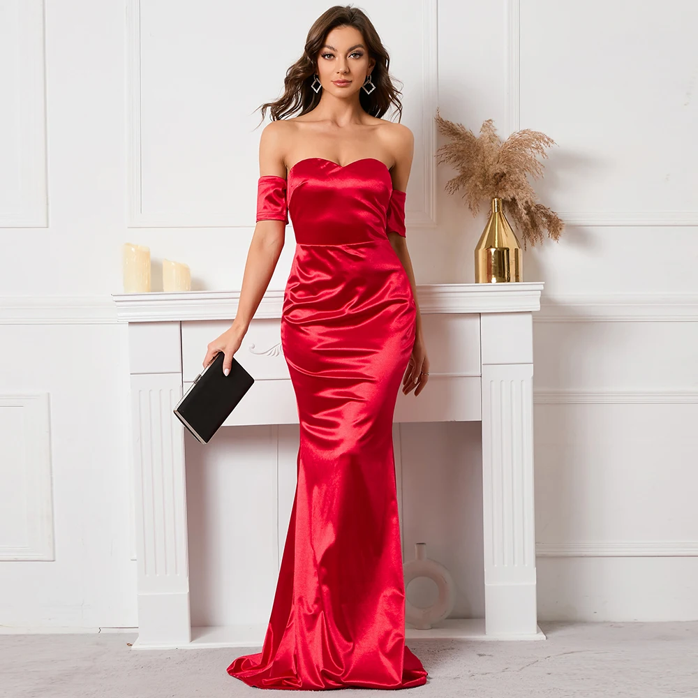 

BASREY Sexy Women's Strapless Card Shoulder Backless Red Satin Fishtail Prom Dress DN80088