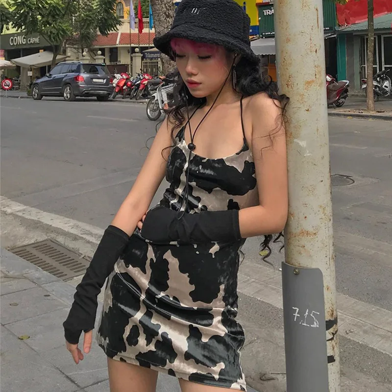 

Женское камуфляжное мини-платье Y2k, черное винтажное облегающее платье-трапеция в стиле панк на бретелях-спагетти, Клубное платье, новинка ...