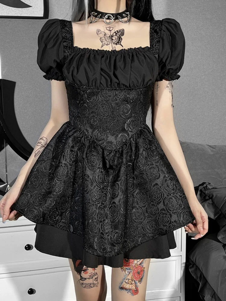 

Gothic Black Summer Mini Dress Women Streetwear Puff Sleeve Patchwork Dark Sexy Corset Dress Elegant Party A-LINE Dress