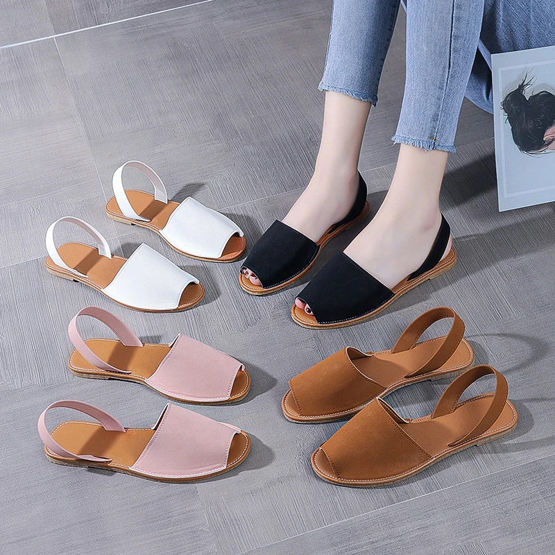 

2022 New Summer Vintage Women Sandals Flat Leather Sewing Peep Toe Back Casual Shoes Ladies Outdoor Beach Footwear Cozy Lazy