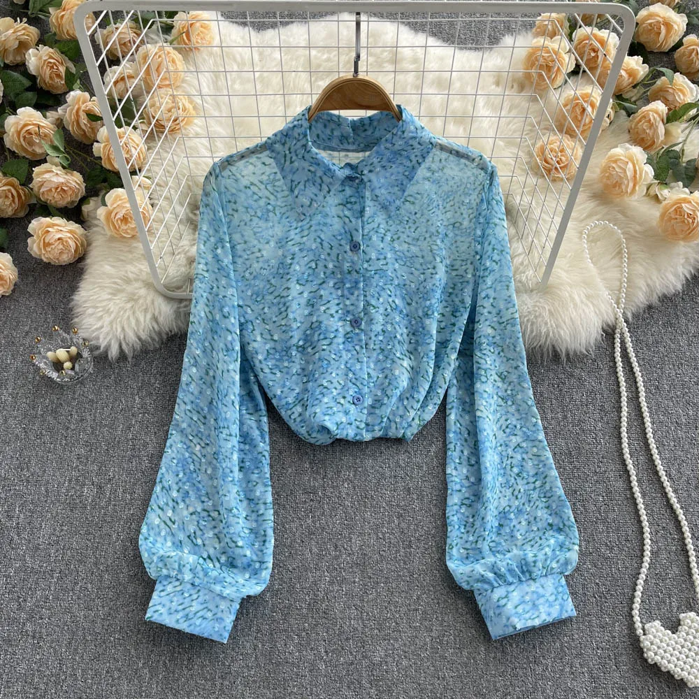 

D445 Women 2022 Spring Autumn New Fashion Floral Print Shirts Long Sleeves Chic Western Style Tops Mujer Blouse