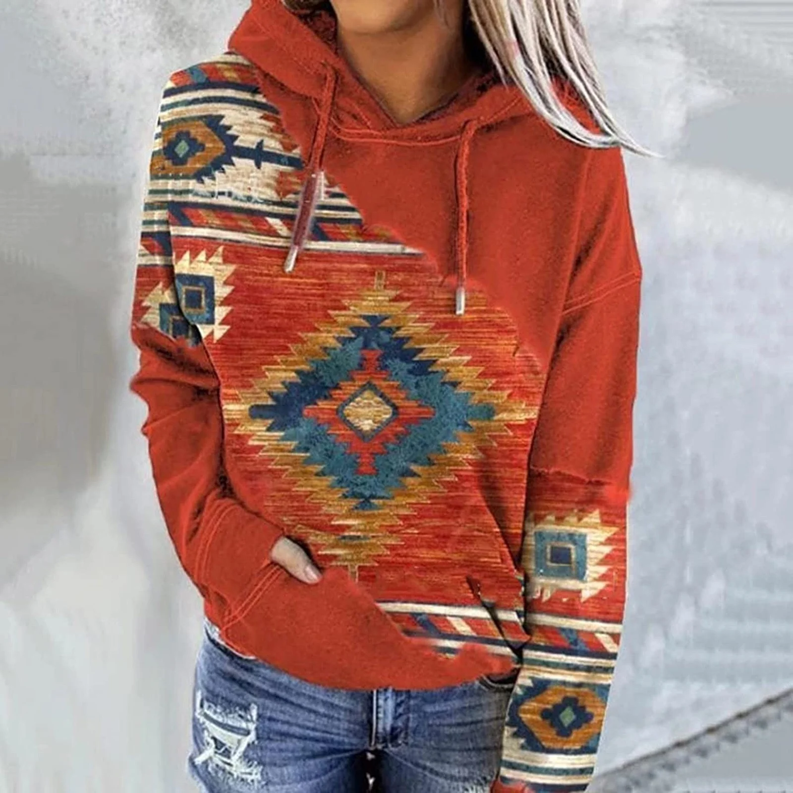 

Women Hoodies Boho Printed Hooded Sweatshirt 2023 Autumn Female Long Sleeve Drawstring Casual Loose Pullover