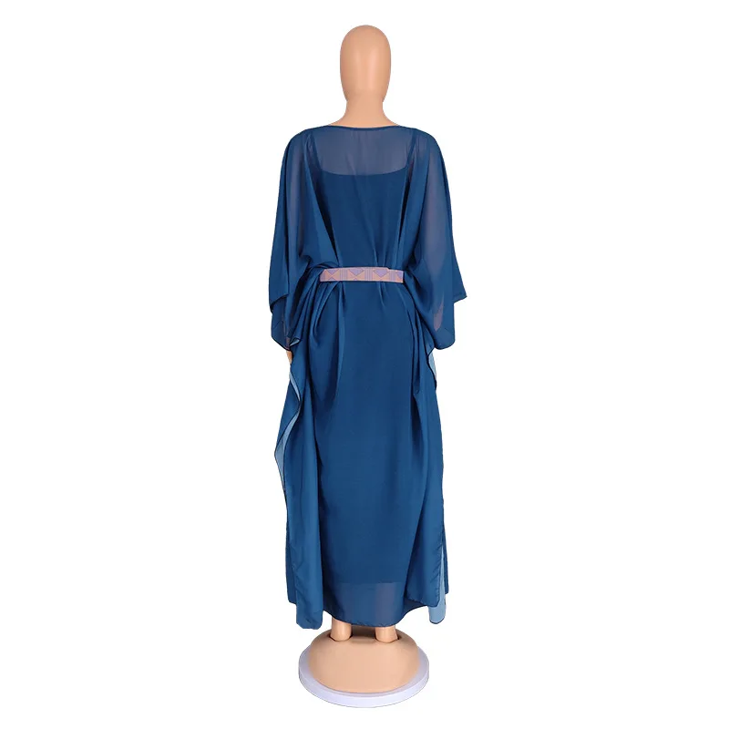 Two Piece Set African Dresses for Women Fall African Women Bat Sleeve V-neck Chiffon Long Dress African Print Dresses With Belt
