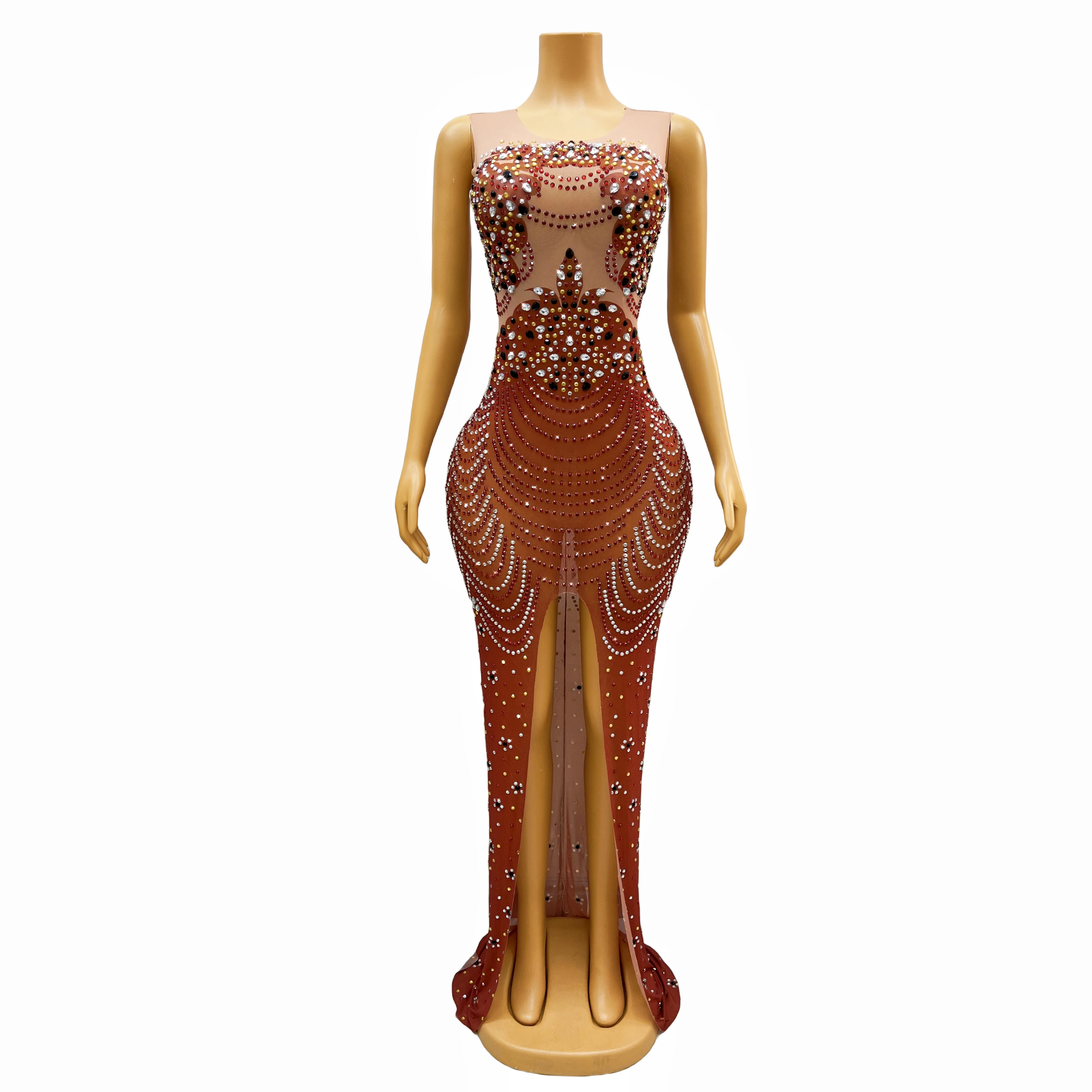 Блестящее черно-красное платье с разрезом вечерний костюм для празднования дня