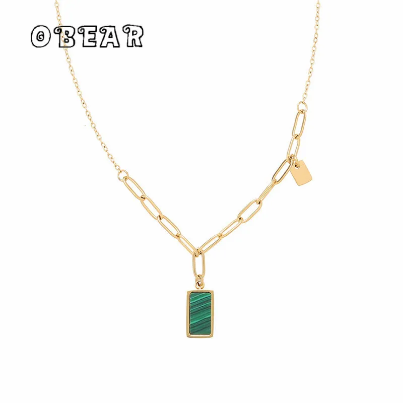 

Imitation Malachite Green Stripe Square Pendant Necklace for Women Stainless Steel Plated 18K Gold Fashion Temperament Jewelry