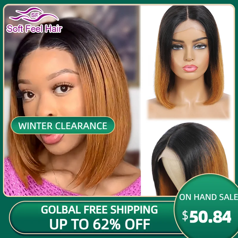 Soft Feel Hair Short Bob T Part Lace Closure Wigs Ombre T30 Human Hair Wigs For Women Honey Brown Straight Bob 4X1 Lace Part Wig