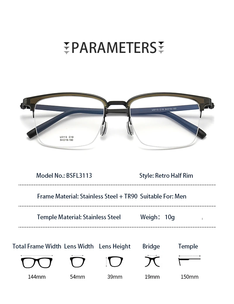 Деловые очки в полуоправе стиле ретро Ultem Temple элегантные из чистого титана Tr90